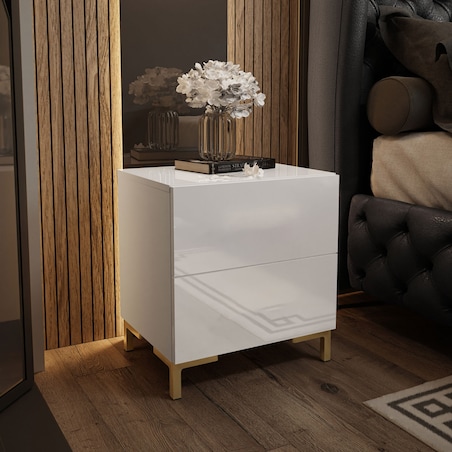 Lukmebel Stolik nocny LINA LUX 45x50x38,5 cm biały połysk z LED