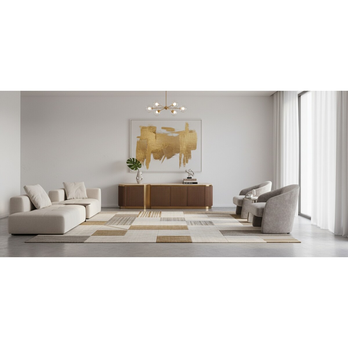 Ryflowana szafka RTV złota drewniana brązowa Nutris Glamour Premium z blatem marmurowym 200x40x50