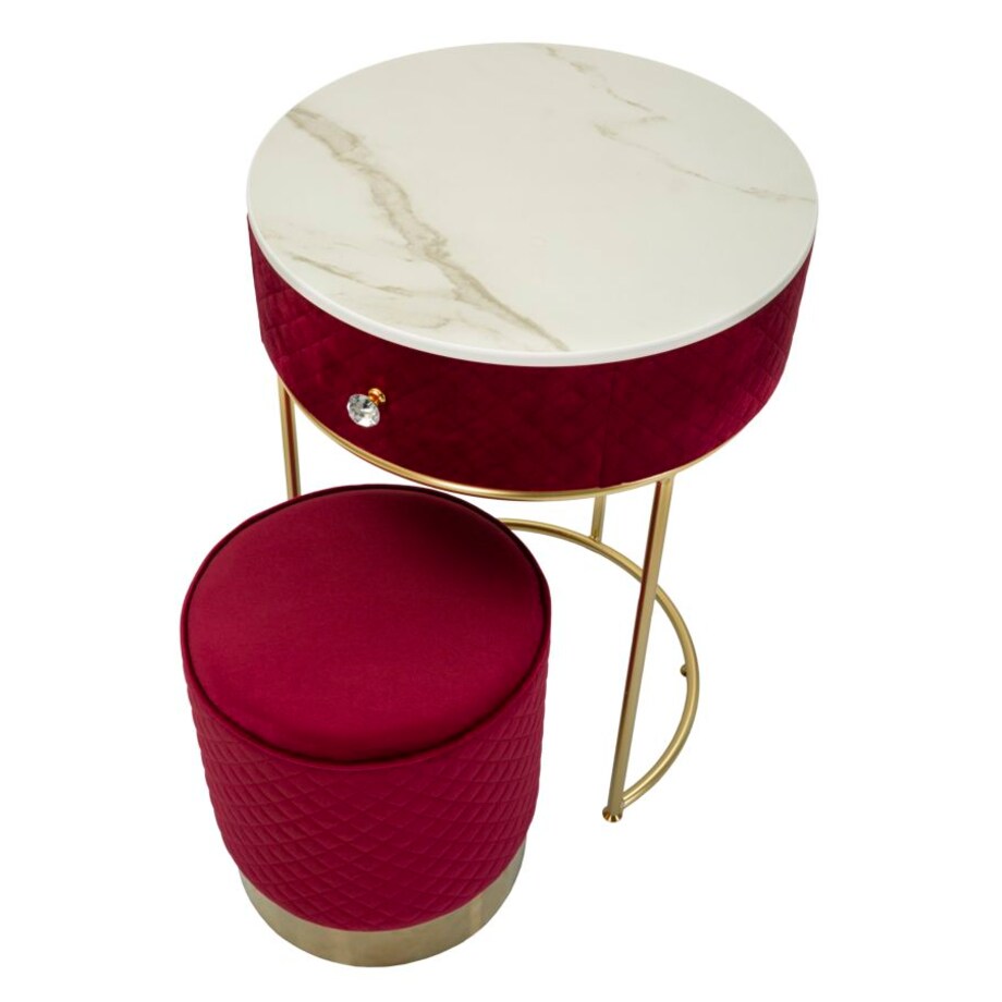 Toaletka z taboretem Nightstand Dressing Vellit, zestaw 2 szt., zestaw do makijażu, czerwony, złoty, Mauro Ferretti