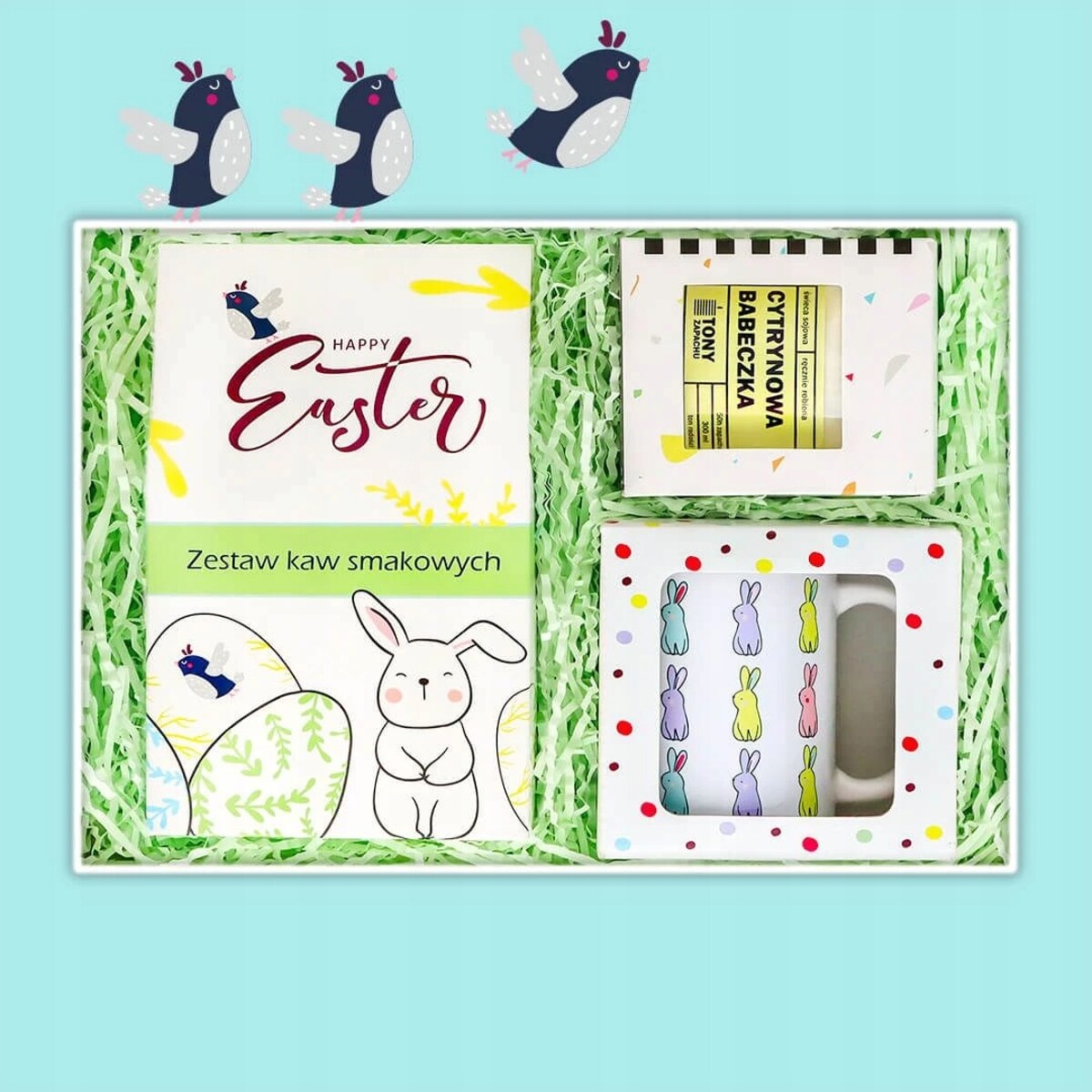 Box wielkanocny - zestaw kaw smakowych mielonych kubek świeca sojowa zapachowa - paczka upominek prezent na Zajączka Wielkanoc dla kobiety faceta