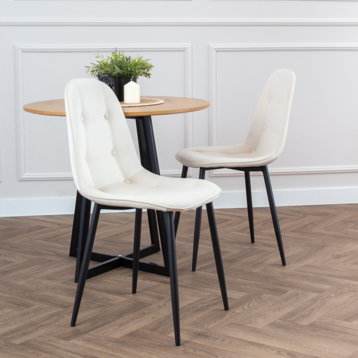 Krzesło tapicerowane welurowe do salonu jadalni guziki beżowe