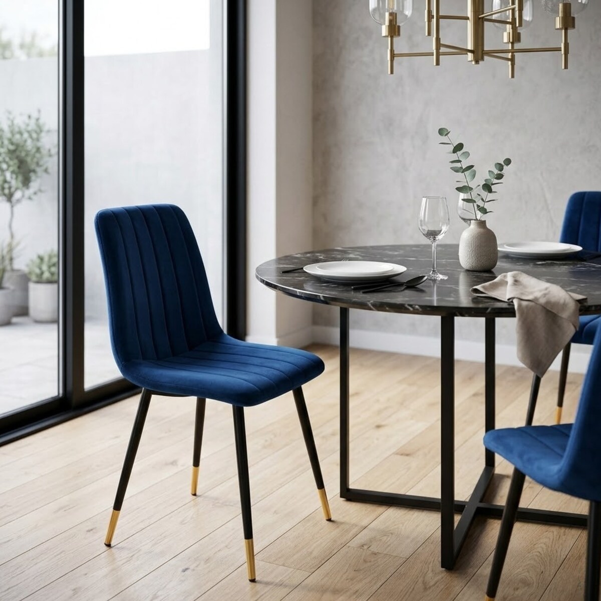 Krzesło do jadalni i salonu granatowy welur – nowoczesne krzesło na czarnych nogach