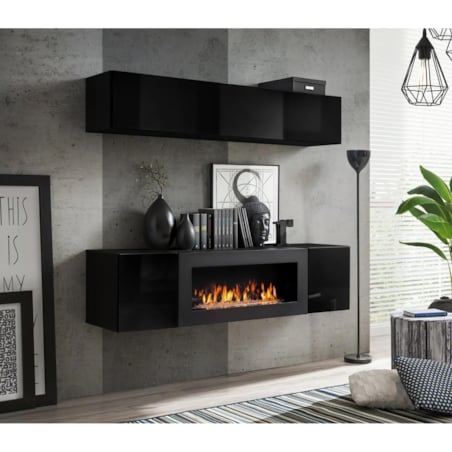 Meblościanka FLY N1 czarny połysk/czarny mat z biokominkiem