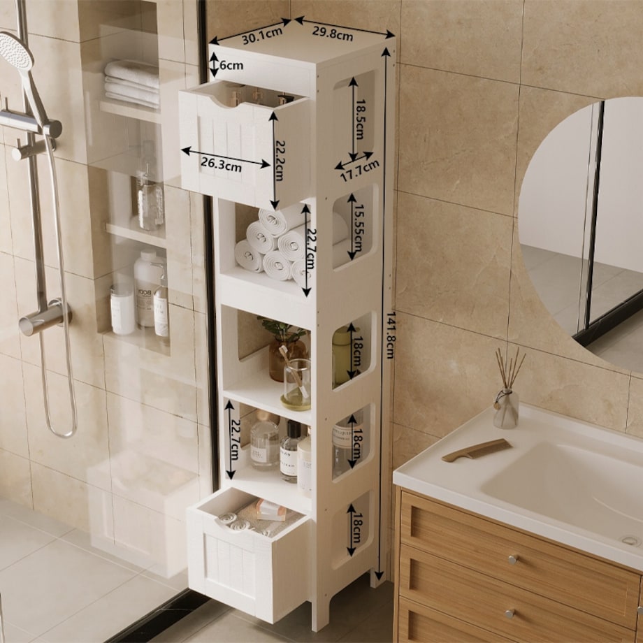 Szafka łazienkowa słupek szuflady biała wysoka półki nowoczesna loft 142 cm