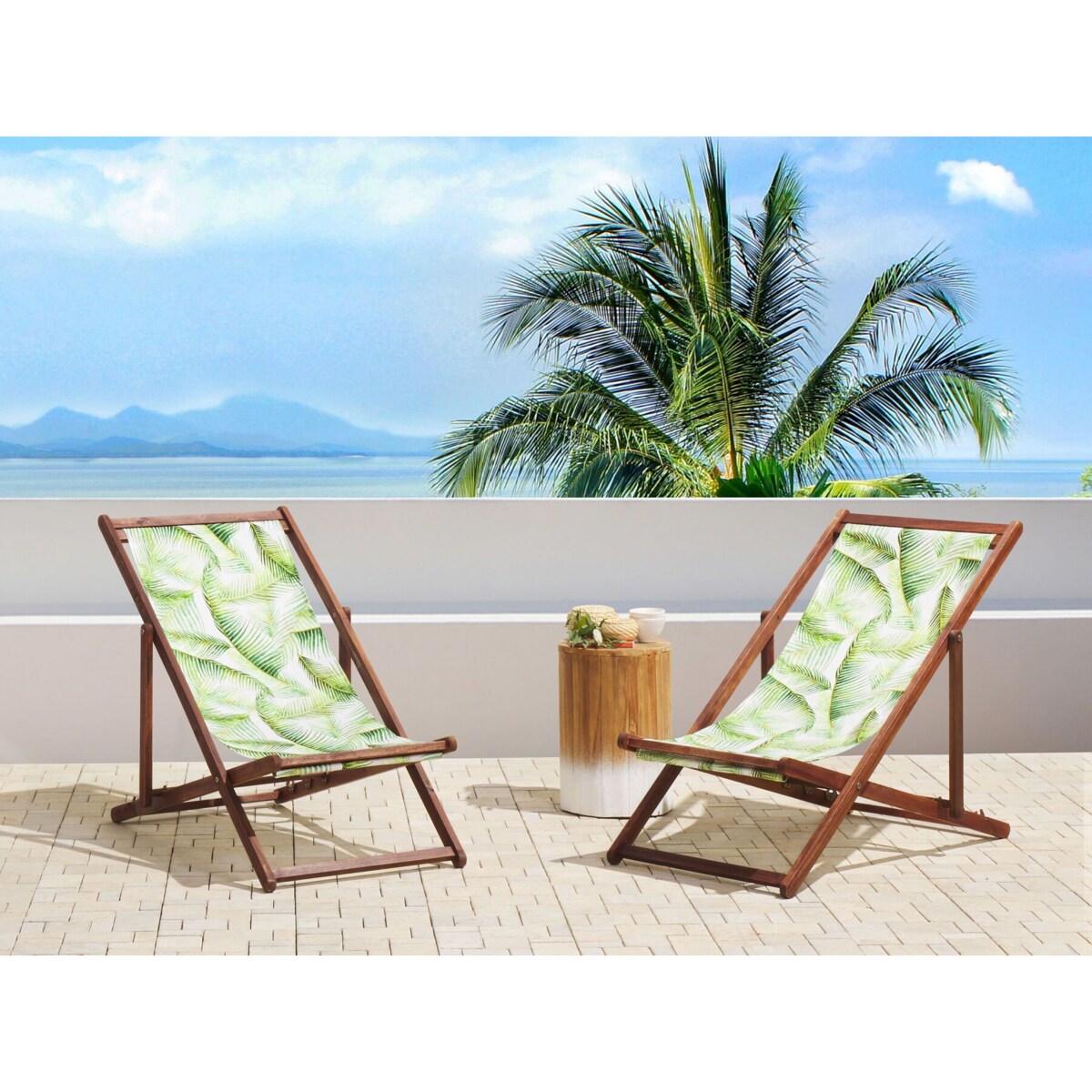 Zestaw 2 leżaków ogrodowych ciemne drewno akacjowe wzór w liście palmowe zielony ANZIO