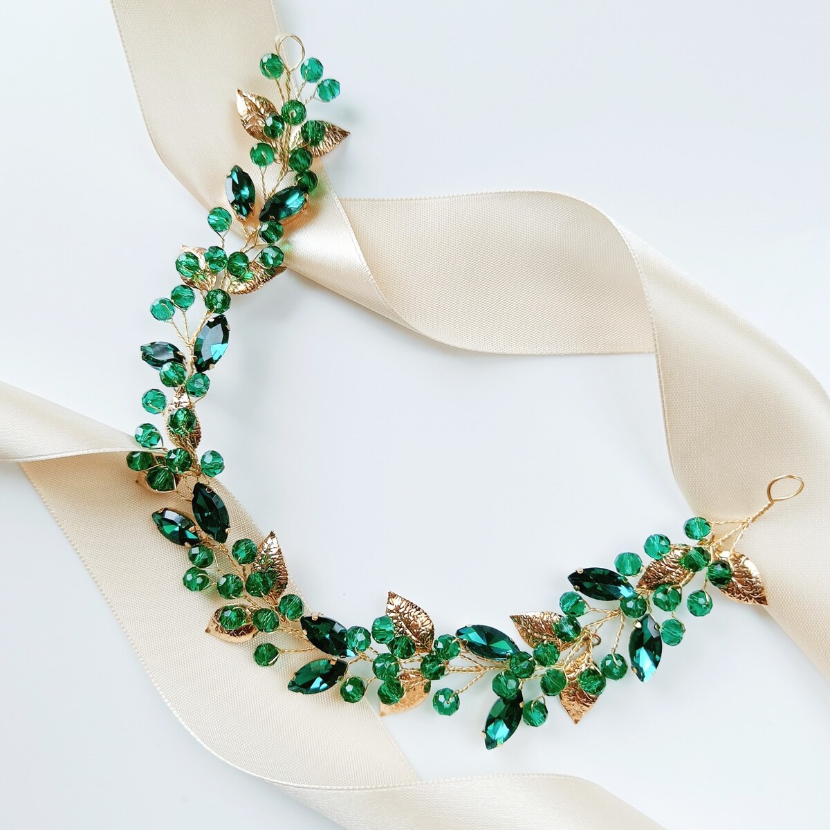 złota ZIELONA gałązka opaska do włosów z kryształkami cyrkoniami listkami