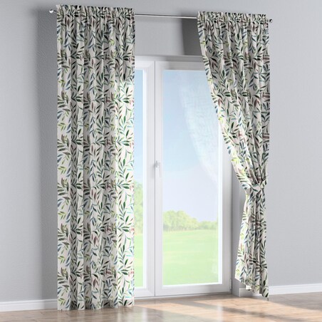 Zasłona na kanale z grzywką 1 szt. 130x245 zielone gałązki na białym tle