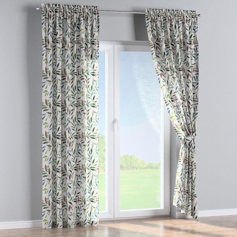 Zasłona na kanale z grzywką 1 szt. 130x245 zielone gałązki na białym tle