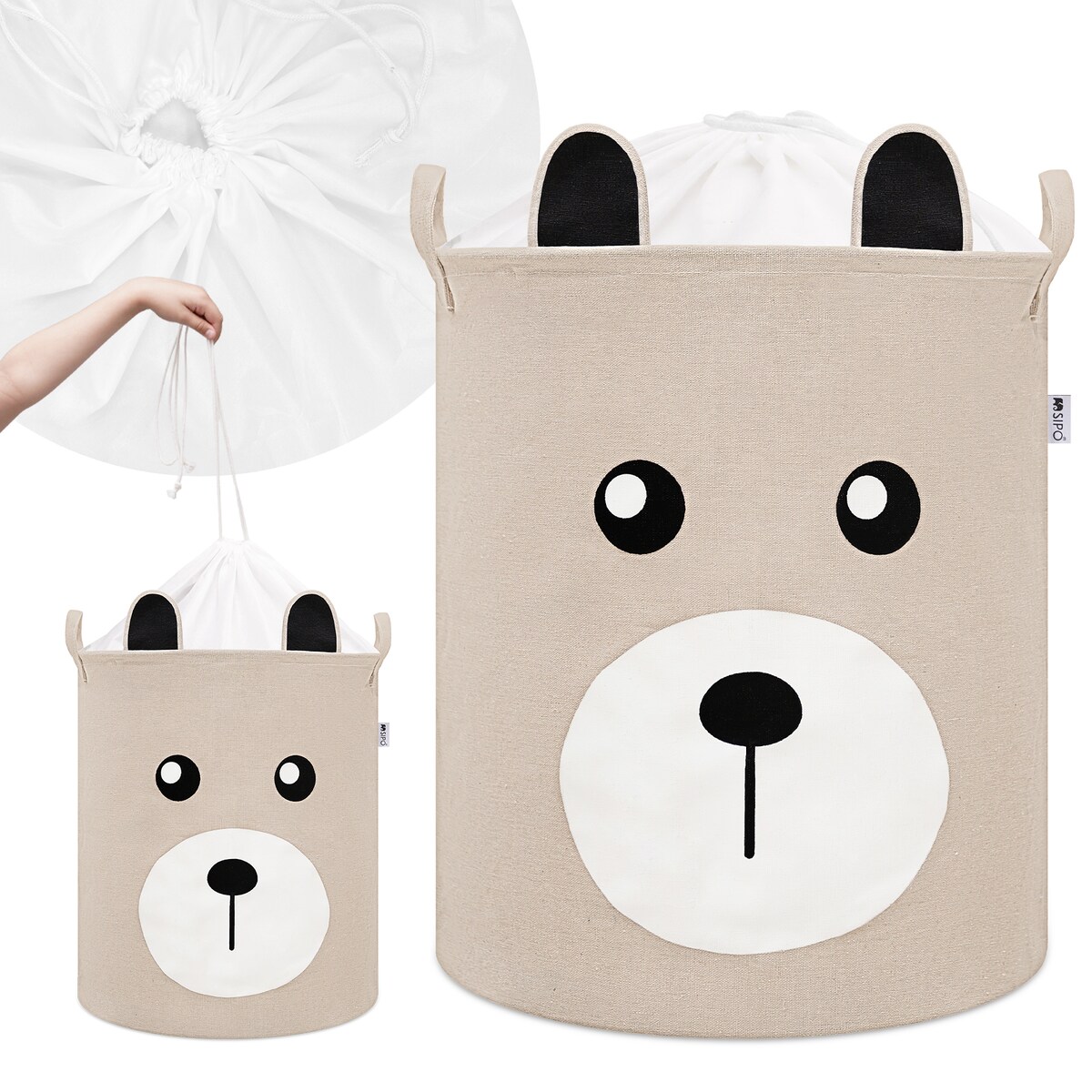 bawełniany kosz na zabawki sipo, zamykany na ściągacz, beżowy miś, xl