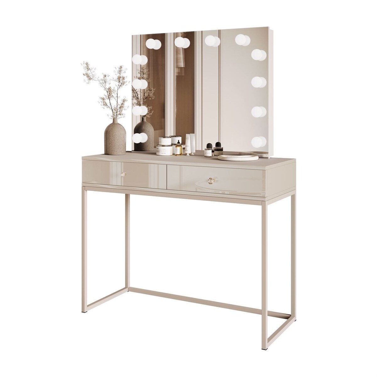 Toaletka kosmetyczna BLANCO KASZMIR ELITE z lustrem i oświetleniem na kaszmirowym stelażu, uchwyt biały kryształ