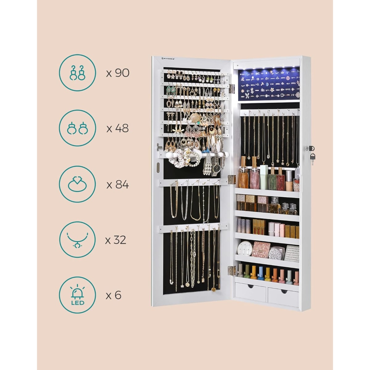 Szafka Z Lustrem Na Biżuterię 37X9,3X108 Cm Biały