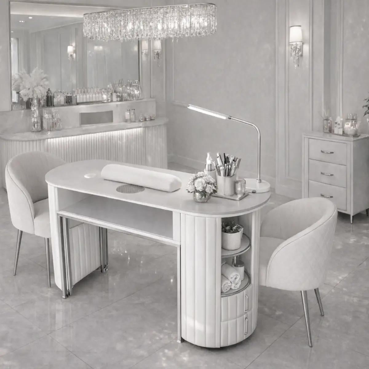 Biurko kosmetyczne z otworem na pochłaniacz biało-srebrne owalne 140 x 45 x 78 AFINIS