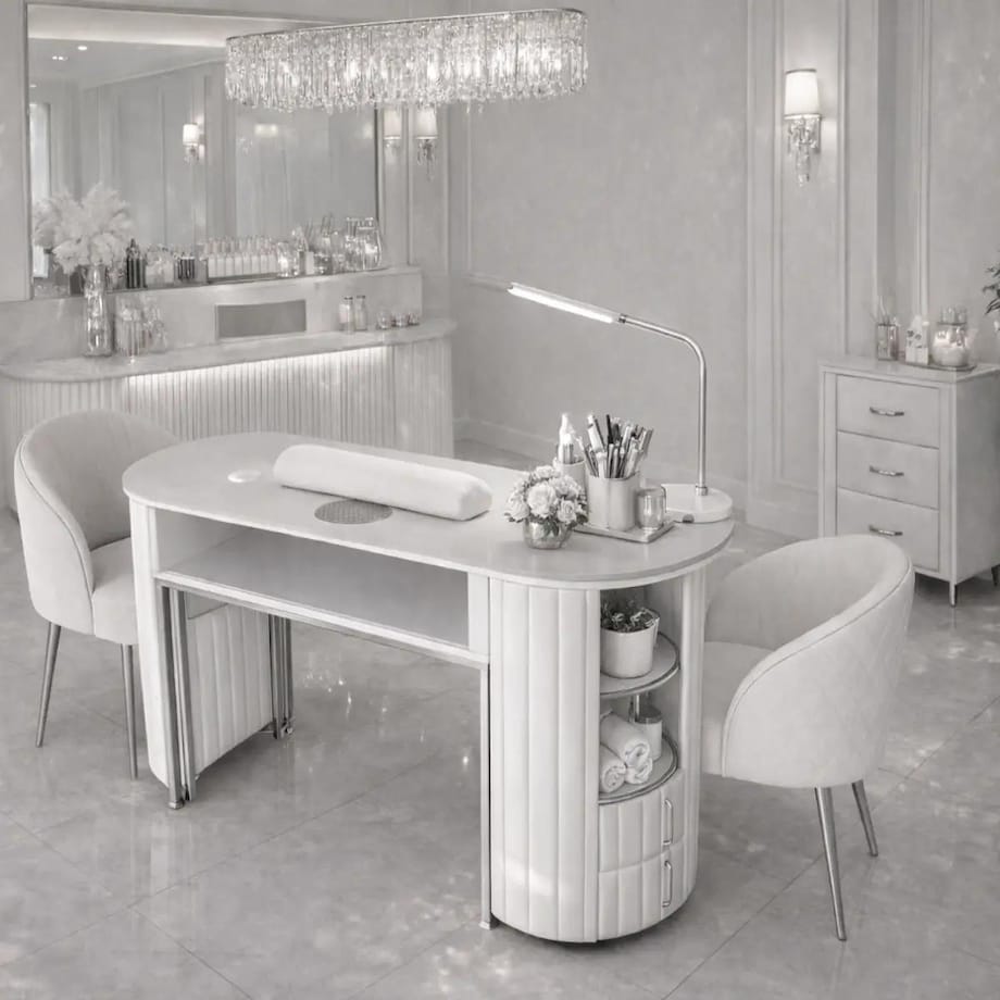 Biurko kosmetyczne z otworem na pochłaniacz biało-srebrne owalne 140 x 45 x 78 AFINIS