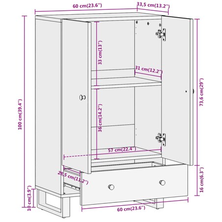 vidaXL Szafka, brązowo-czarna, 60x33,5x100 cm, lite drewno mango