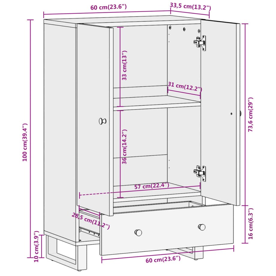 vidaXL Szafka, brązowo-czarna, 60x33,5x100 cm, lite drewno mango