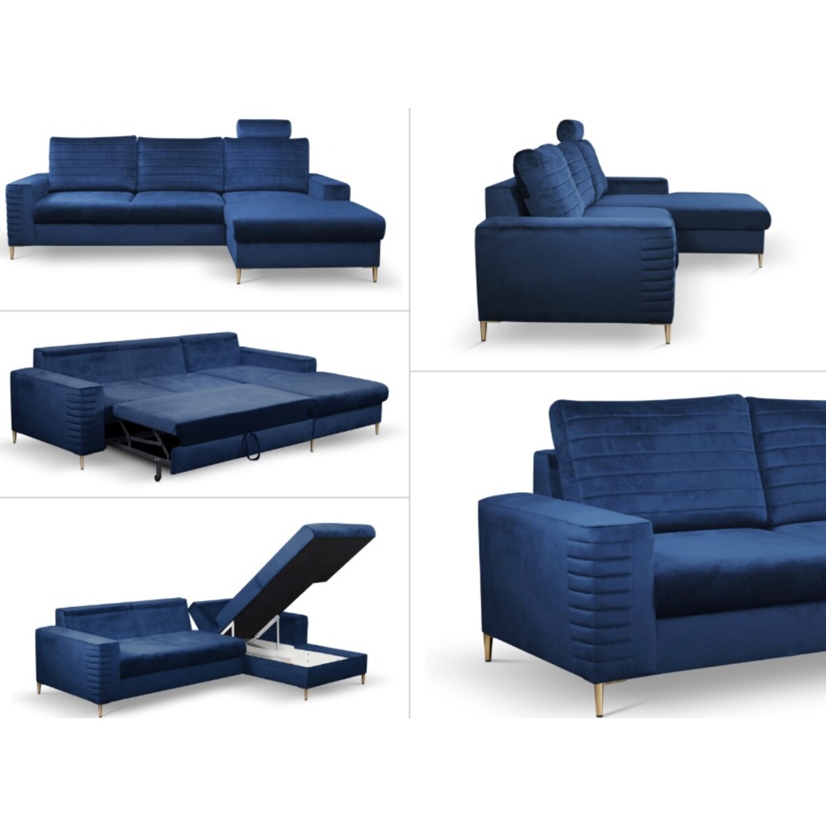 Narożnik rozkładany z zagłówkiem i pojemnikiem OLI, prawostronny, granatowy