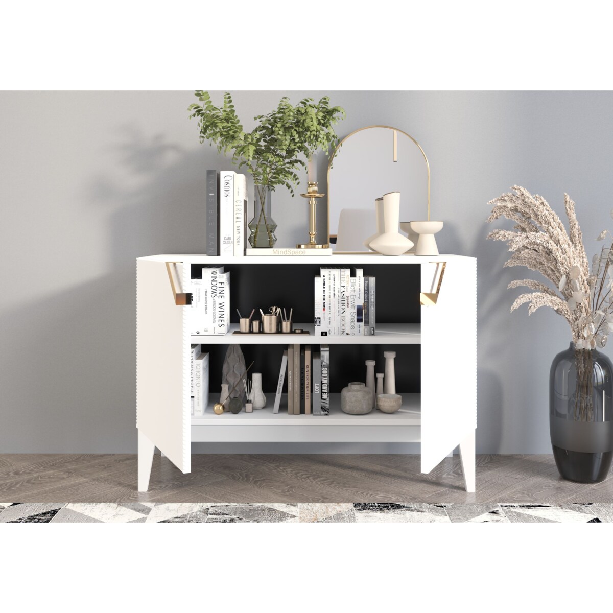 Drewniana komoda Visby DEMI LONG 2D / kolor biały + białe nogi / szer. 100,5 cm