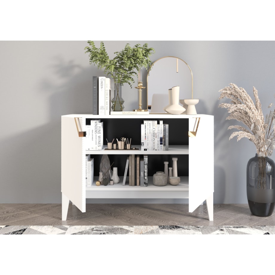 Drewniana komoda Visby DEMI LONG 2D / kolor biały + białe nogi / szer. 100,5 cm