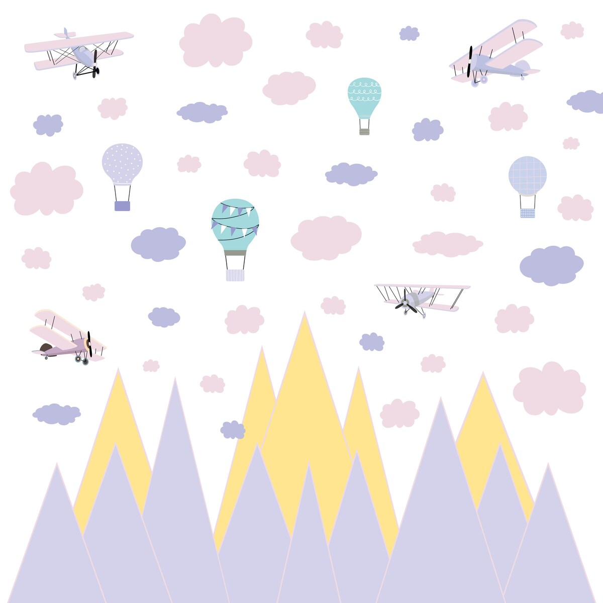 ZESTAW NAKLEJEK DLA DZIECI NA ŚCIANĘ FIOLETOWE GÓRY SAMOLOTY RETRO