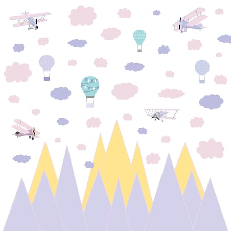 ZESTAW NAKLEJEK DLA DZIECI NA ŚCIANĘ FIOLETOWE GÓRY SAMOLOTY RETRO