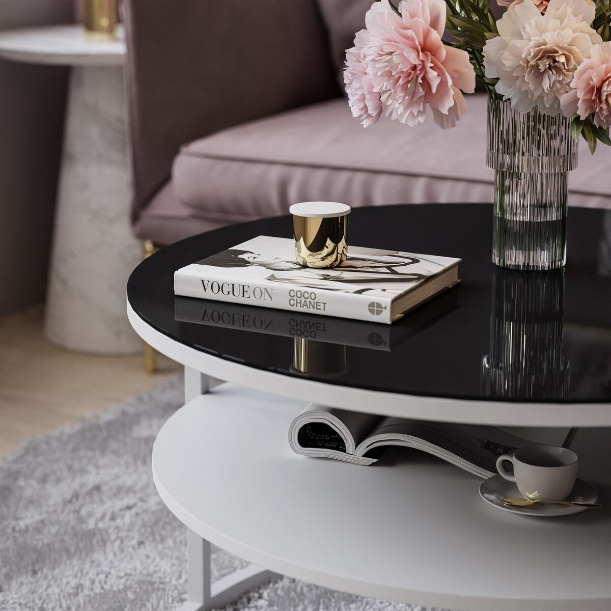 Stolik kawowy CIRI z półką biały czarne szkło