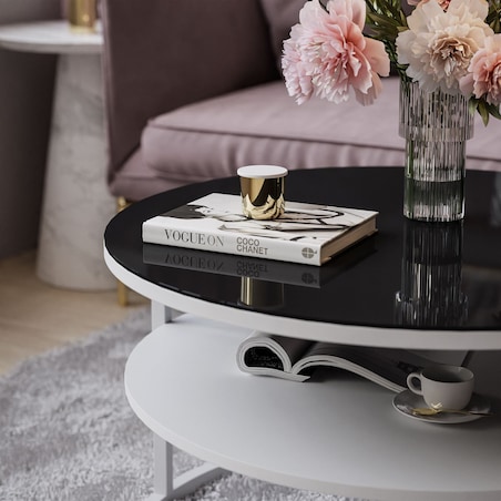 Stolik kawowy CIRI z półką biały czarne szkło