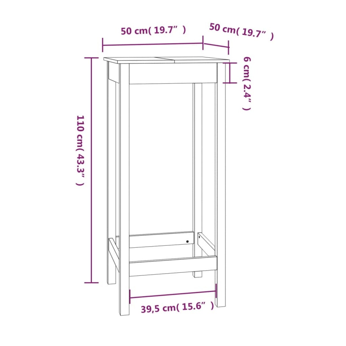 vidaXL Stolik barowy, 50x50x110 cm, lite drewno sosnowe