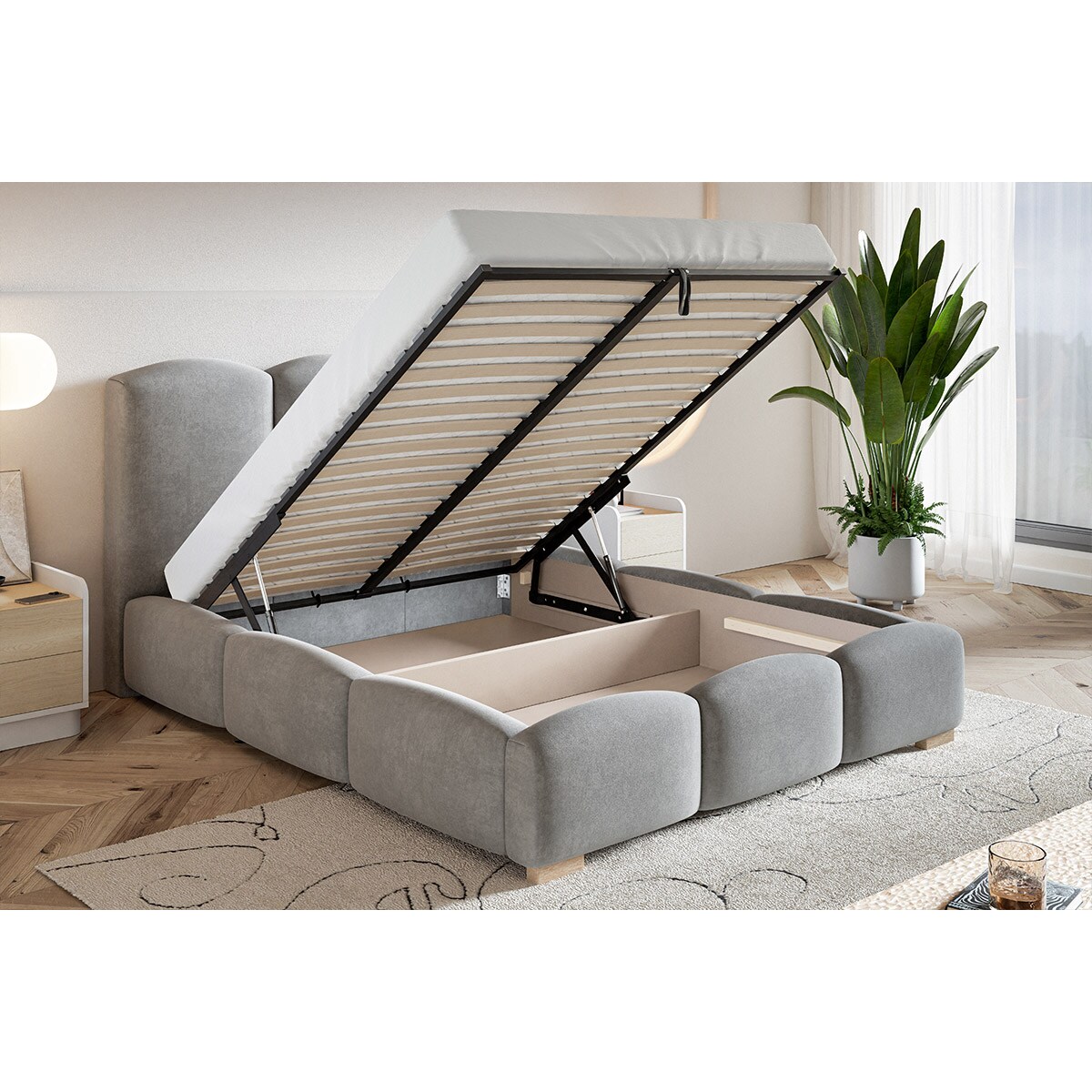 Łóżko sypialniane 200x200 BEN 14-szare- stelaż metalowy, pojemik na pościel