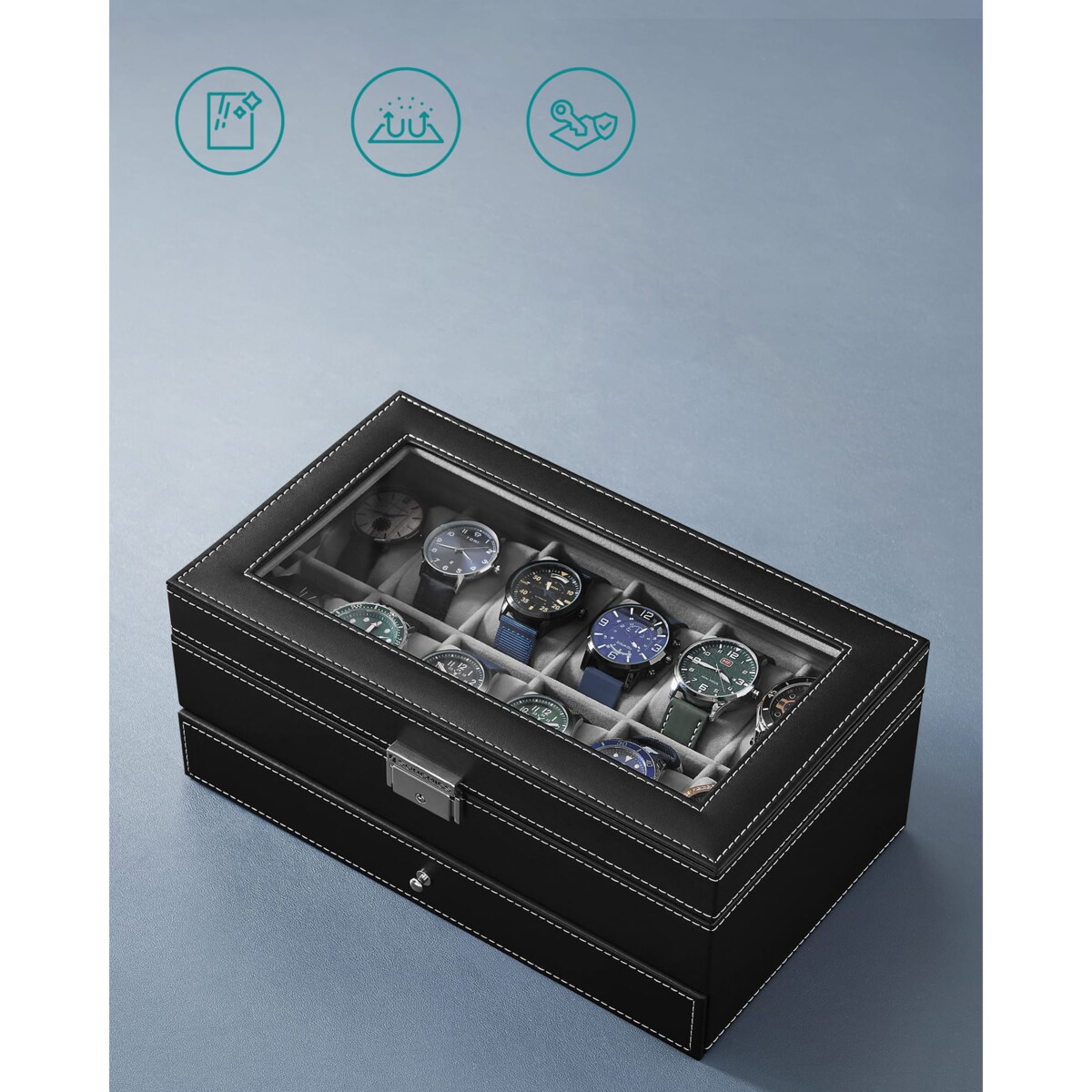 Kasetka Szkatułka Na Zegarki Biżuterie Prostokątna Czarna