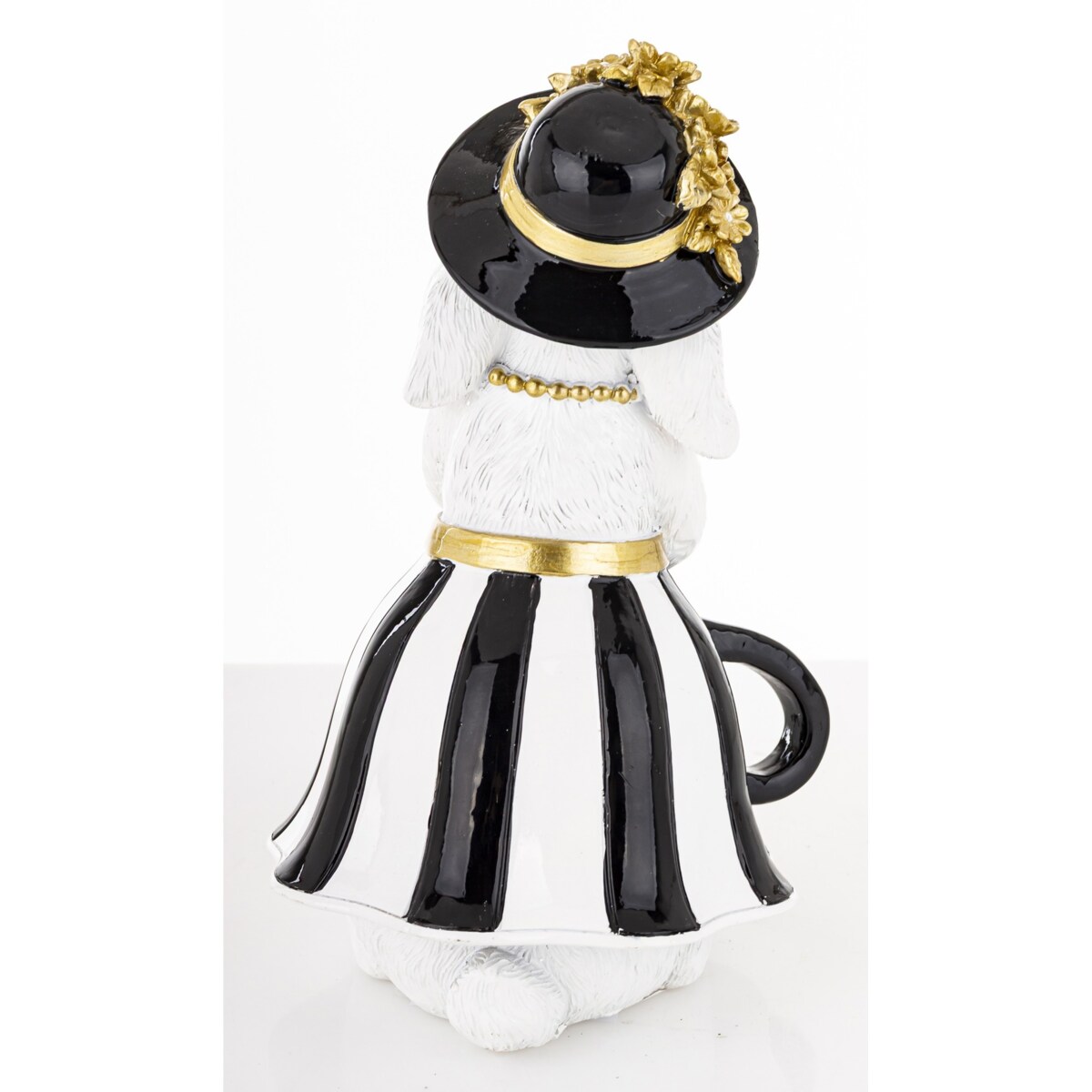 Dekoracja - biała króliczka w czarnym kapeluszu 17,5x10,5x10,5 cm spódniczka w pasy czarno-białe