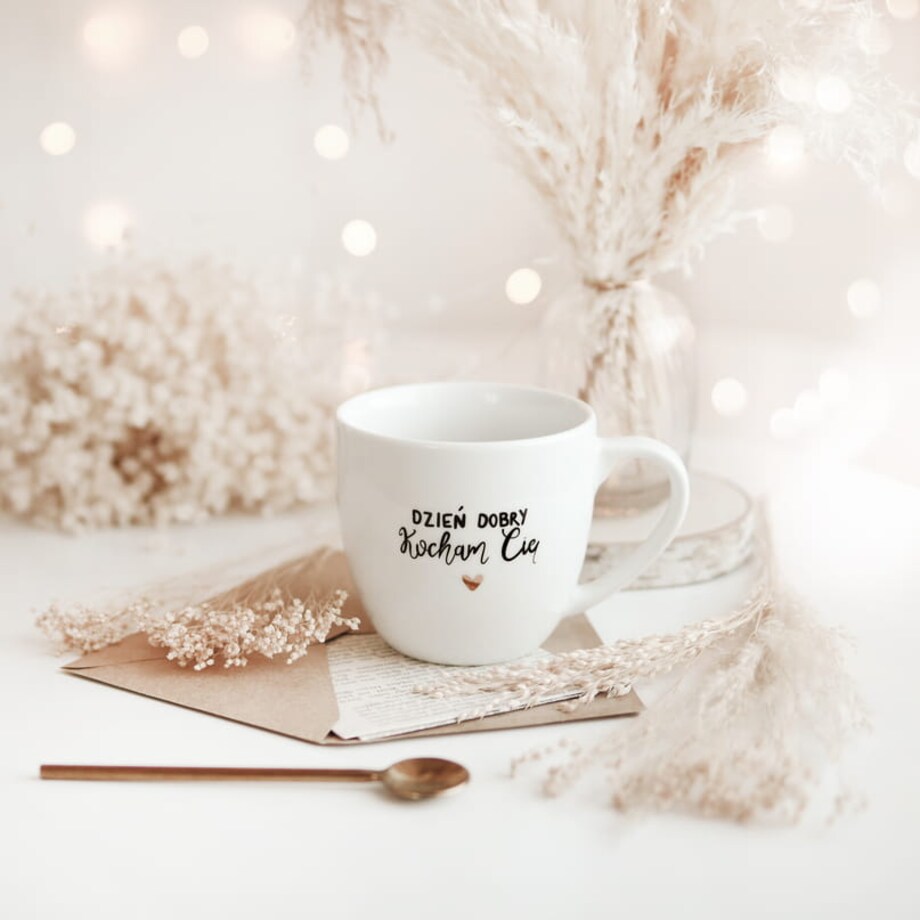 Kubek 300 ml - Dzień dobry Kocham cię ( mały napis) ZŁOTE SERCE