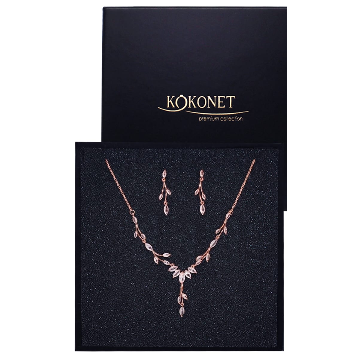 Komplet biżuterii kolia kolczyki ozdobne listki rose boho GLAM ślubny