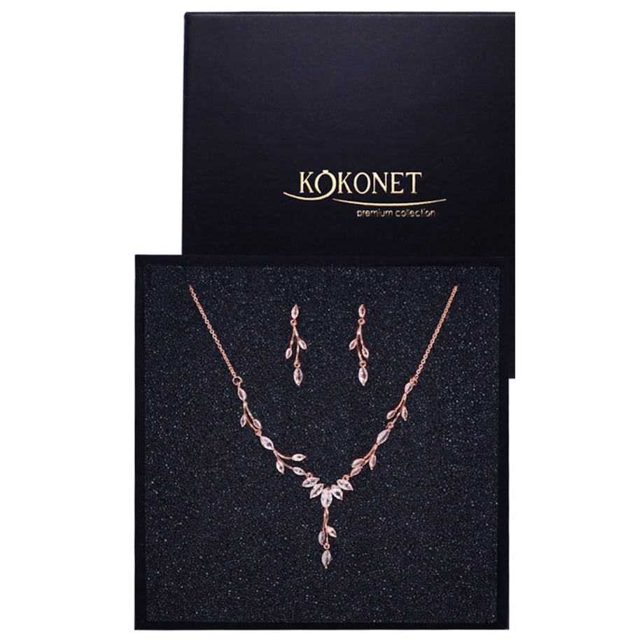 Komplet biżuterii kolia kolczyki ozdobne listki rose boho GLAM ślubny