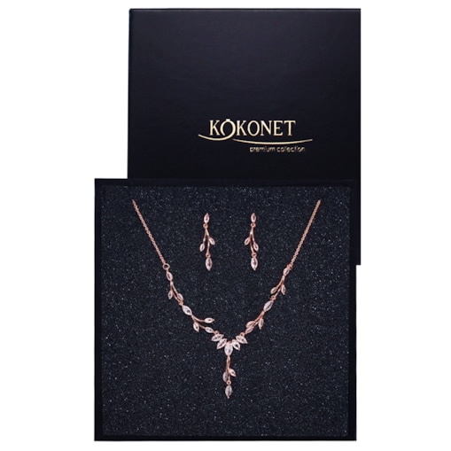Komplet biżuterii kolia kolczyki ozdobne listki rose boho GLAM ślubny