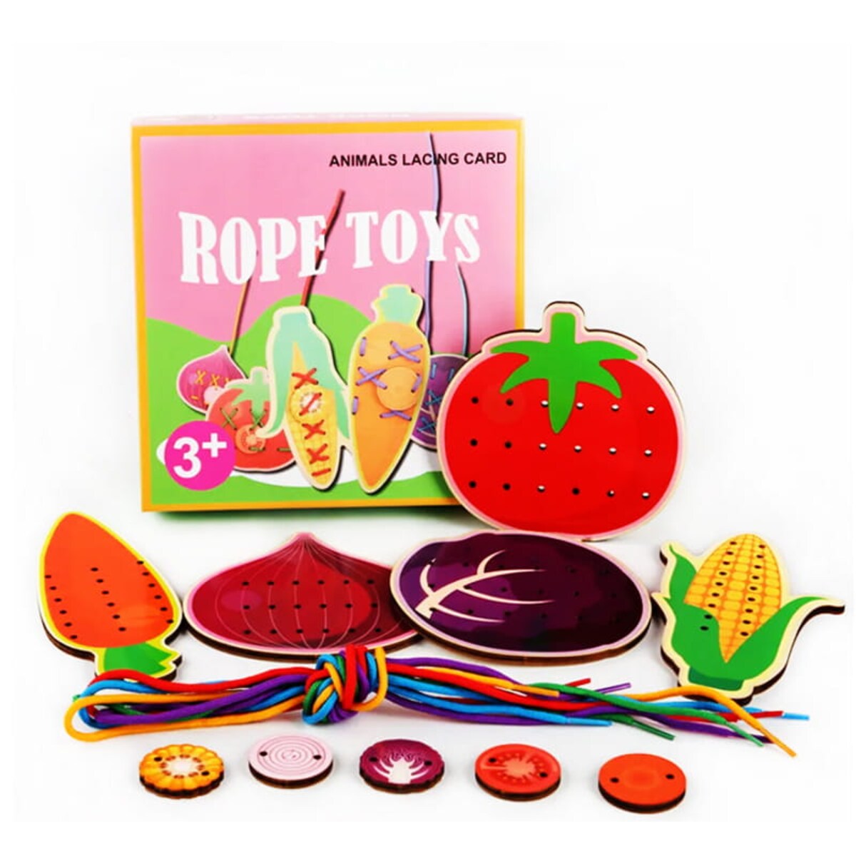 Puzzle drewniane Montessori - sznurówki - nauka wiązania Warzywa