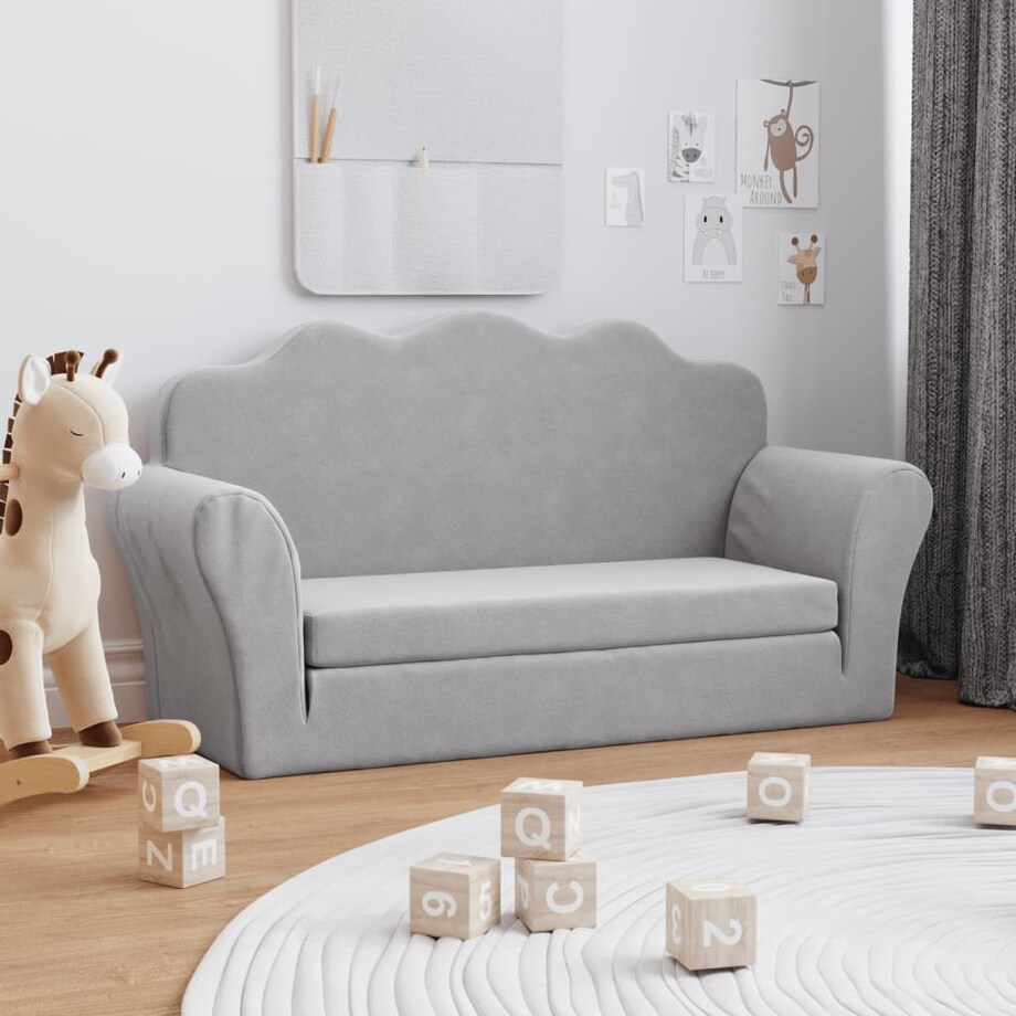 vidaXL 2-os. sofa dla dzieci, rozkładana, jasnoszara, miękki plusz