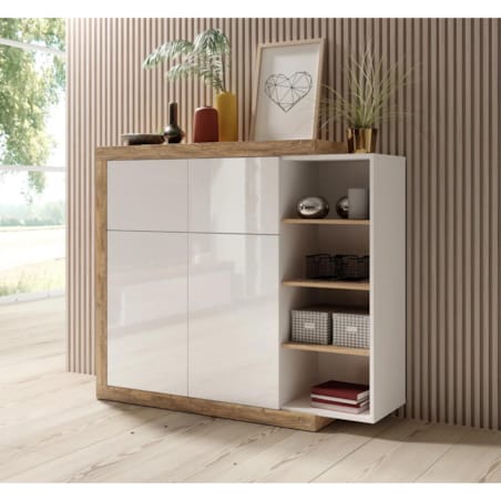 Komoda wysoka SINTRA 2D2KL 150cm dąb samdal/biały połysk