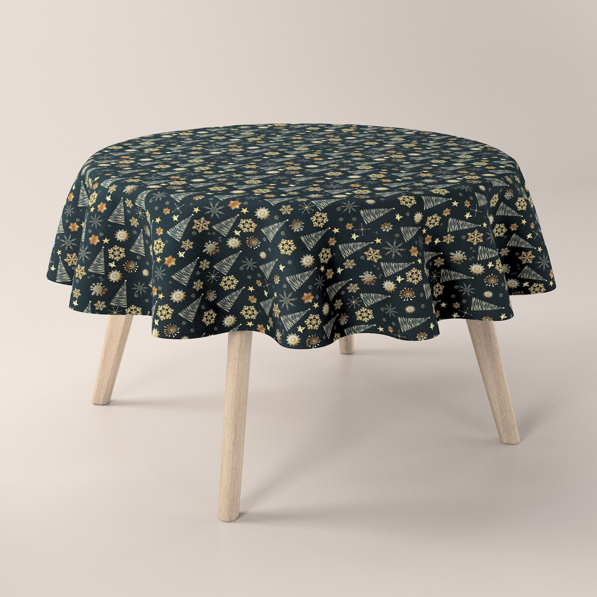 Obrus okrągły 160 x 160 cm złoty wzór na czarnym tle