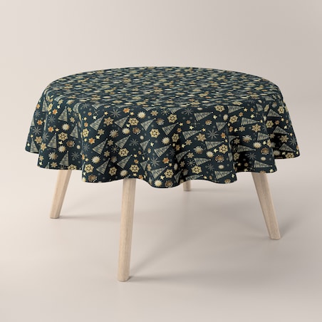 Obrus okrągły 160 x 160 cm złoty wzór na czarnym tle