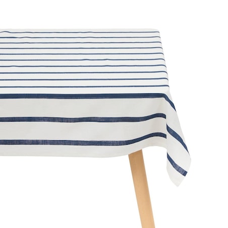 Obrus bawełniany, biały w granatowe pasy, 140x240 cm, Oceania