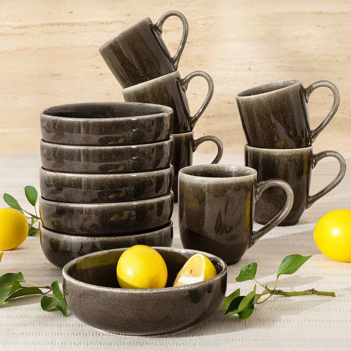 EDA Zestaw śniadaniowy 6 os. (12 el.), brązowy/szary/beżowy