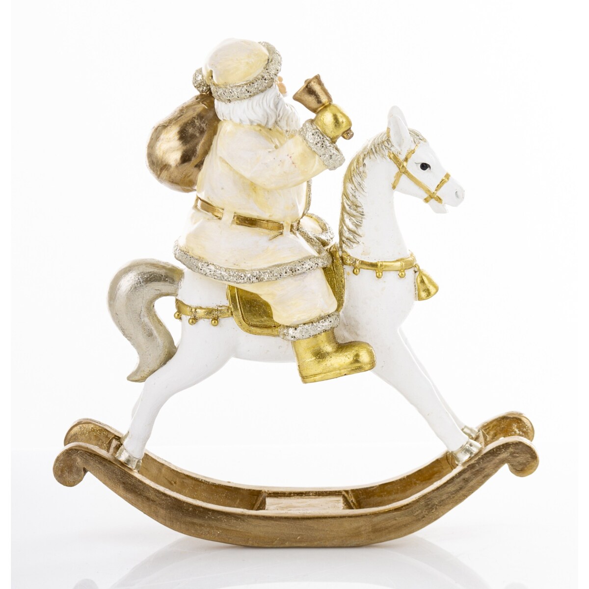 Święty Mikołaj na białym koniu na biegunach 22x20x8 cm z dzwonkiem i workiem