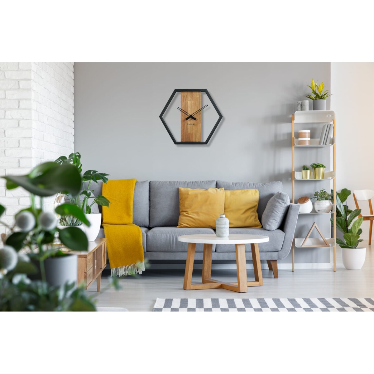 Zegar ścienny drewniany do salonu LOFT HEXAGON 50cm