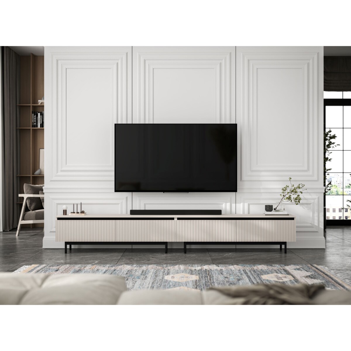 Nowoczesna Szafka RTV Glamour Komoda RTV Kaszmir Mat 280 cm czarne akcenty