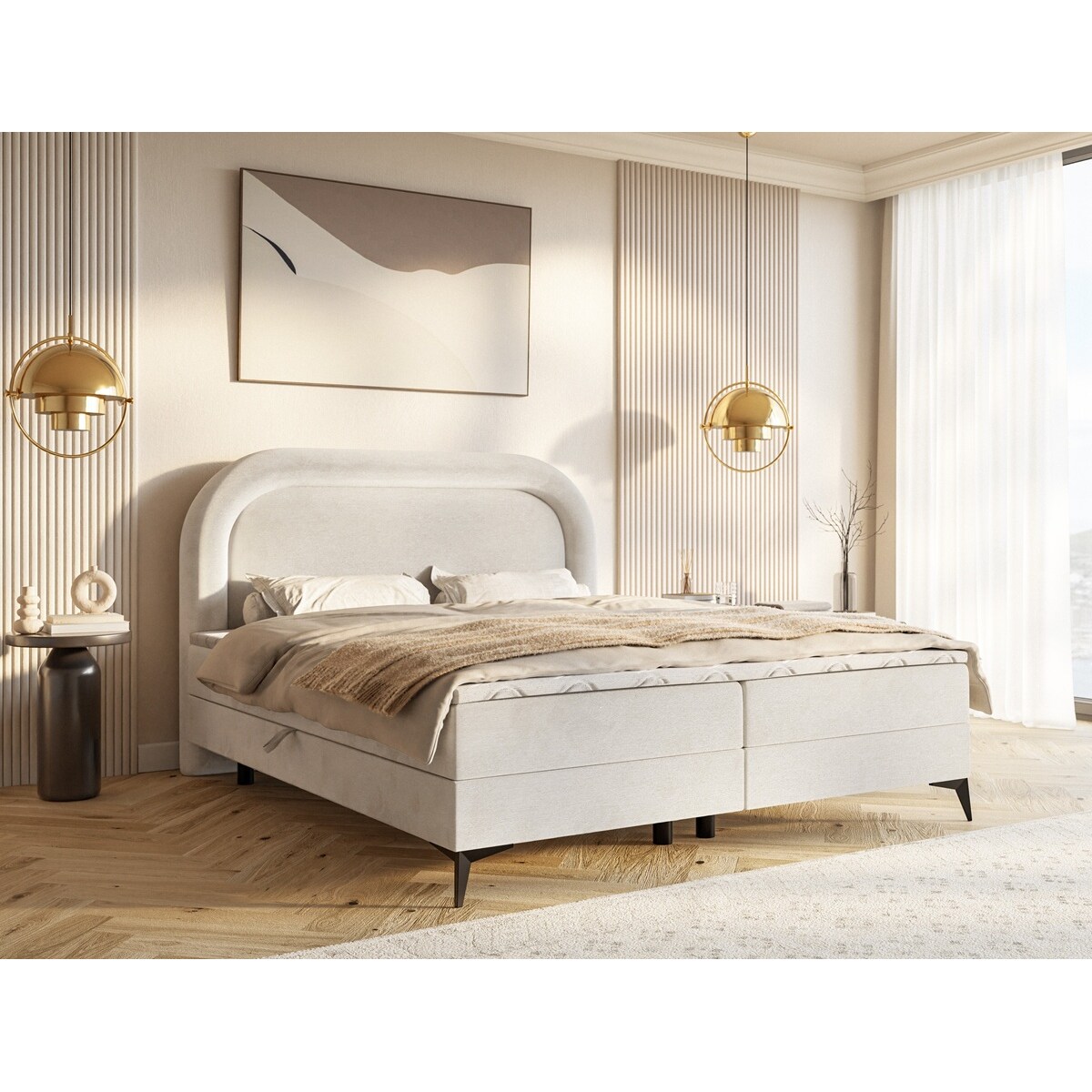 Łóżko kontynentalne ROSSINI w stylu skandynawskim- jasny beżowy