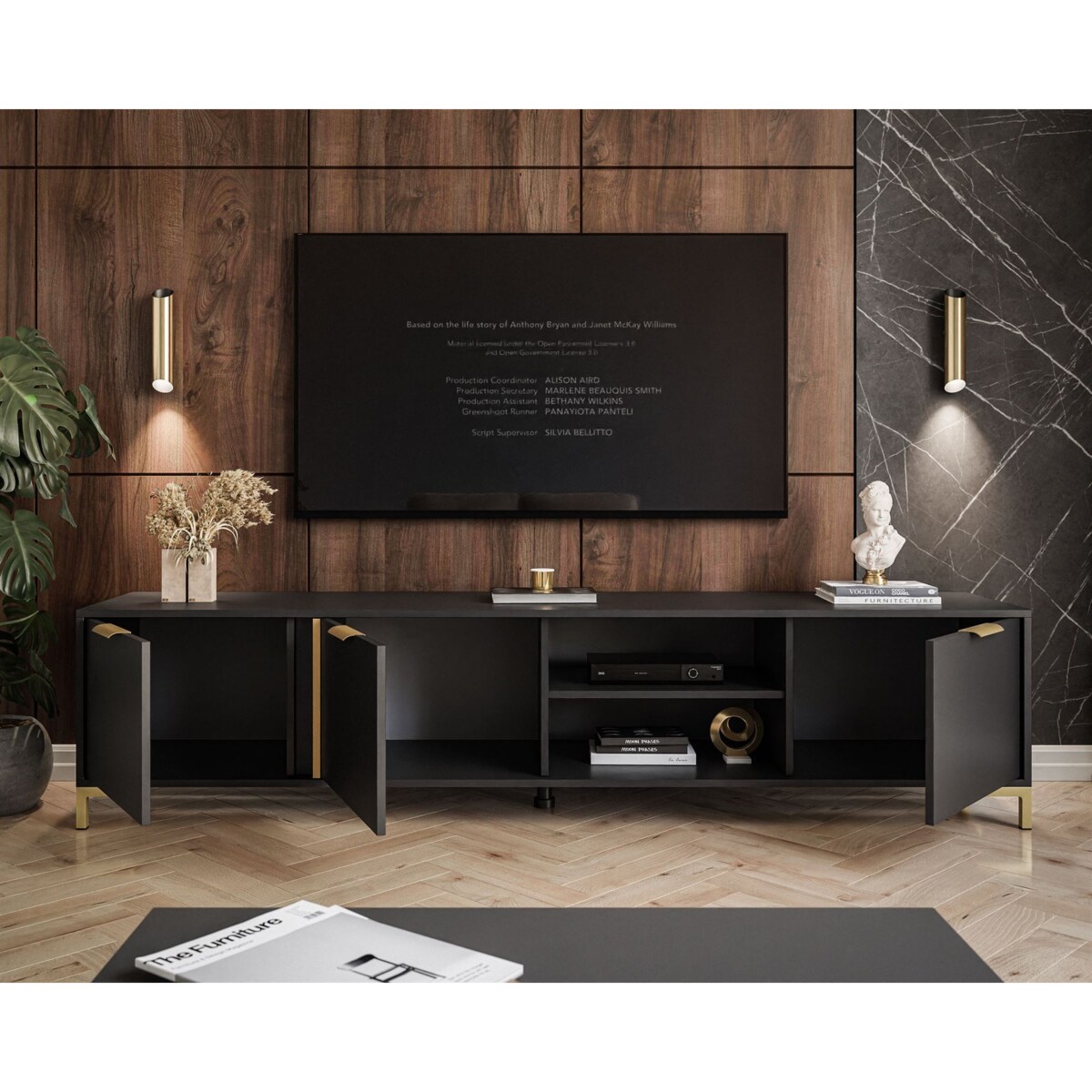 Szafka RTV LARETTO 203 cm antracyt, czarna, nóżki złote