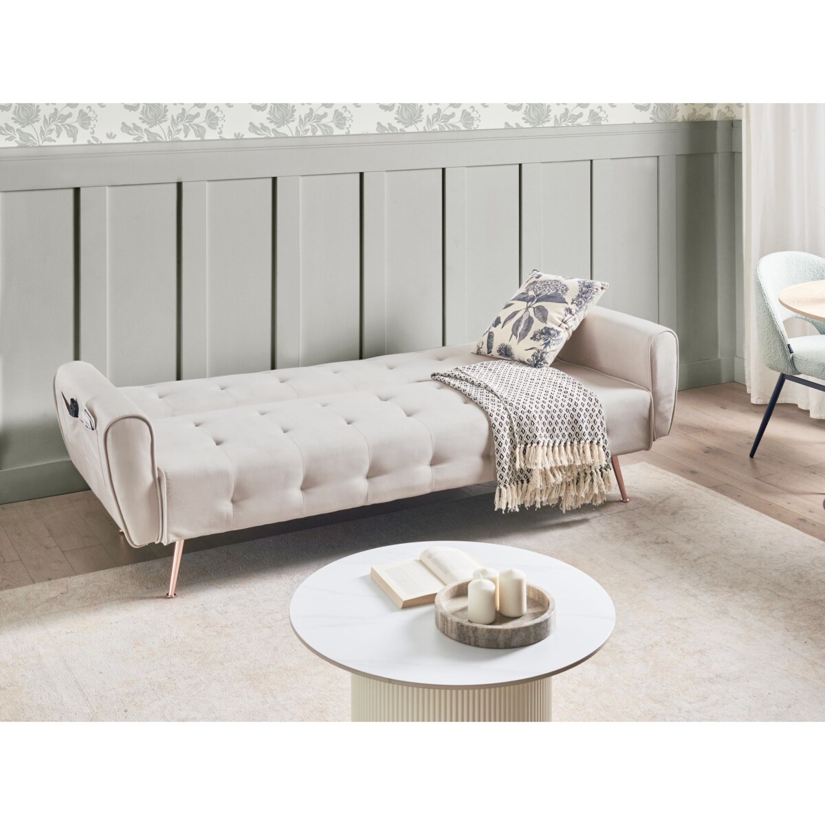 Sofa rozkładana welurowa beżowa SELNES