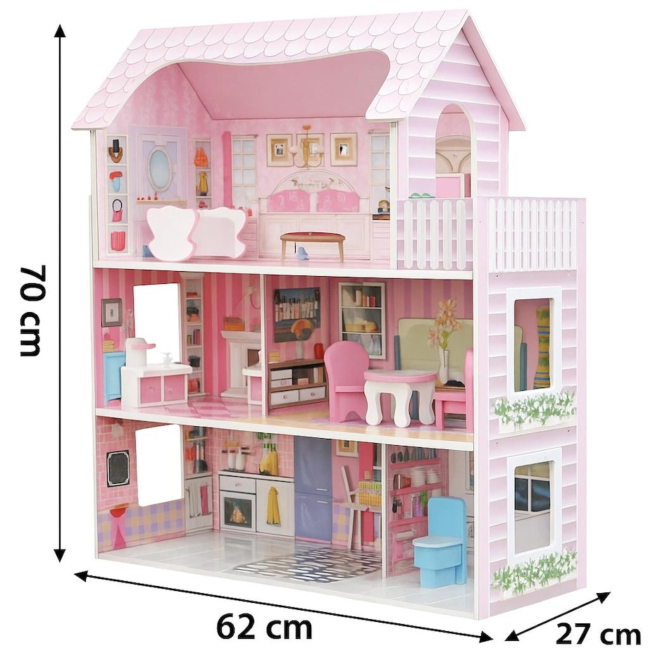 Domek dla lalek HOMEE drewniany XL – 3-poziomowy domek z 8 mebelkami i balkonem