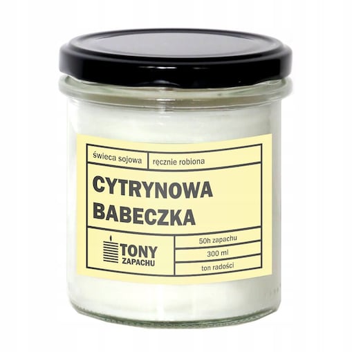 Naturalna ręcznie robiona świeca sojowa zapachowa w szkle CYTRYNOWA BABECZKA 50h palenia 300ml - prezent upominek dla kobiety mamy dziewczyny żony babci niej