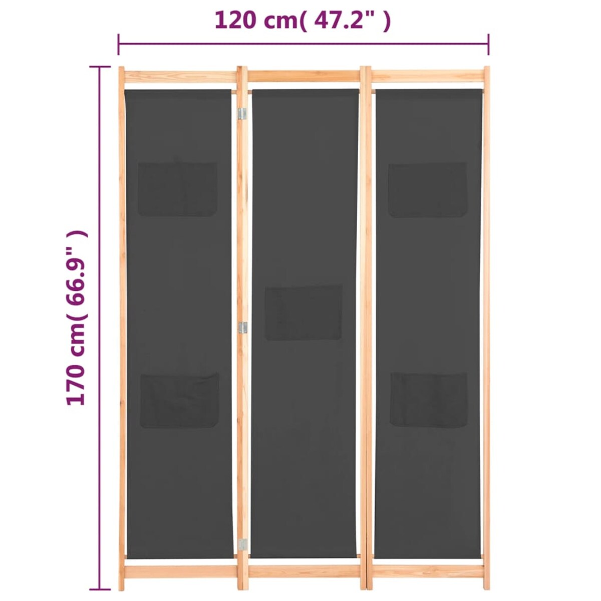 vidaXL Parawan 3-panelowy, szary, 120x170x4 cm, tkanina